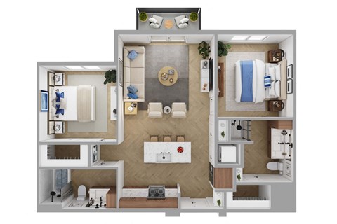 Floor plan for 2 beds, 2 baths, 912 sqft